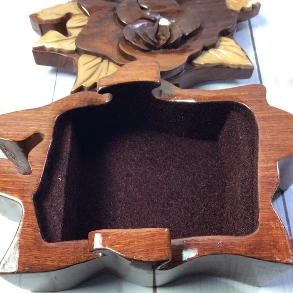 Hand Carved Multi Tone Wood Rose Puzzle Trinket Box - Picture 7 of 9